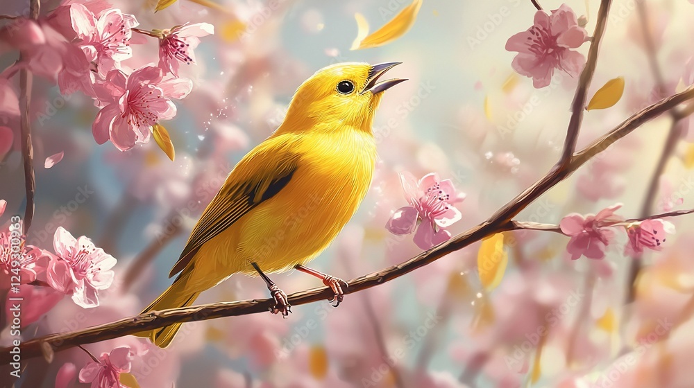 Yellow bird singing spring blossoms branch nature Yellow bird singing spring blossoms branch nature