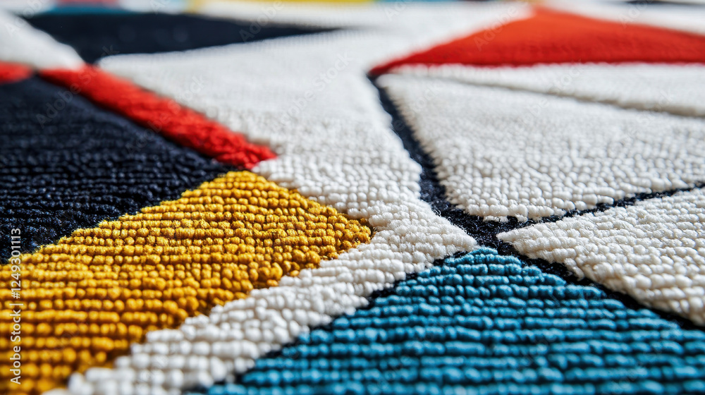 Fototapeta premium Macro shot of a geometric patterned rug showcasing bold colors and textile details in modern decor