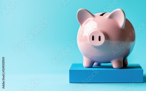 A cute pink piggy bank sits on a blue surface, symbolizing savings and financial planning.