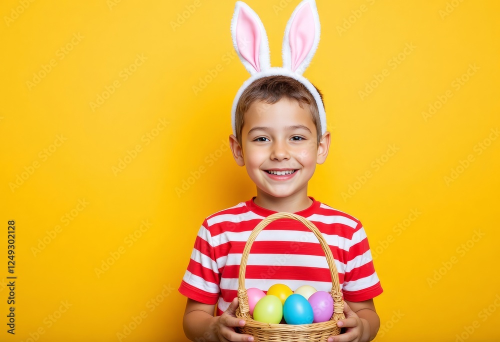Smiling Child with Bunny Ears and Easter Egg Basket on Yellow Smiling Child with Bunny Ears and Easter Egg Basket on Yellow
