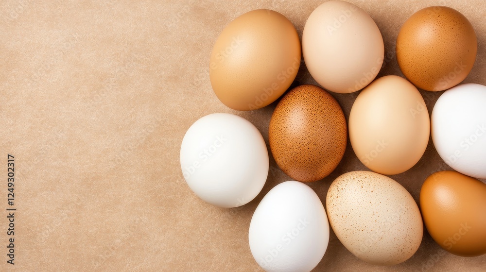 Assorted Eggs on Paper Backdrop Brown White Beige Variety Natural Fresh Organic Protein Food.