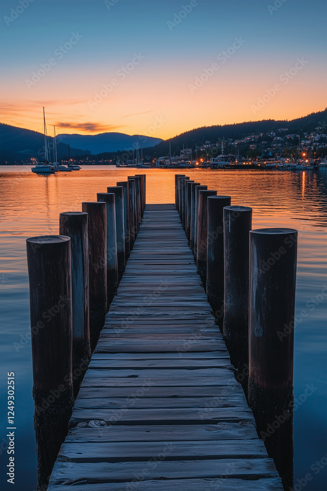 Naklejka premium Tranquil Wooden Bridge Over Calm Lake with Majestic Mountains in the Background – Serene Nature Landscape