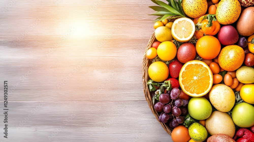 Assorted Fresh Fruit Basket on Rustic Wood Surface with Bright Sunlight and Natural Greens. Assorted Fresh Fruit Basket on Rustic Wood Surface with Bright Sunlight and Natural Greens.