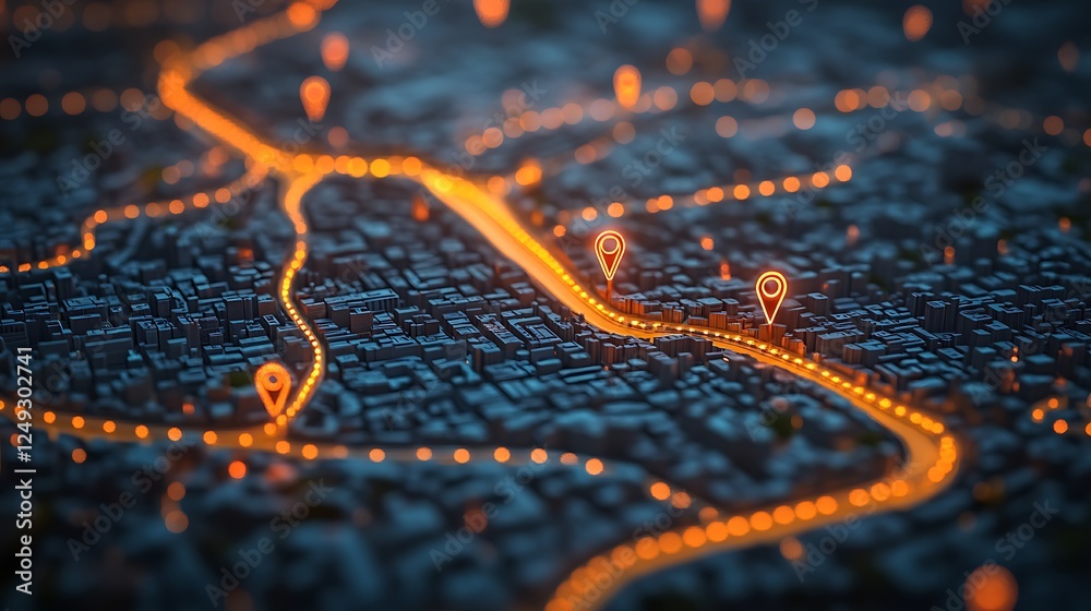 A city map with pins and an arrow showing the way, GPS location tracker on map A city map with pins and an arrow showing the way, GPS location tracker on map