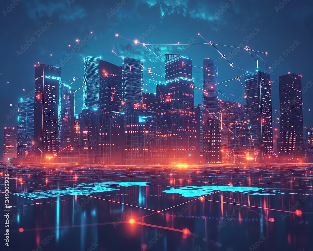 Fototapeta premium Futuristic city skyline with digital overlay.