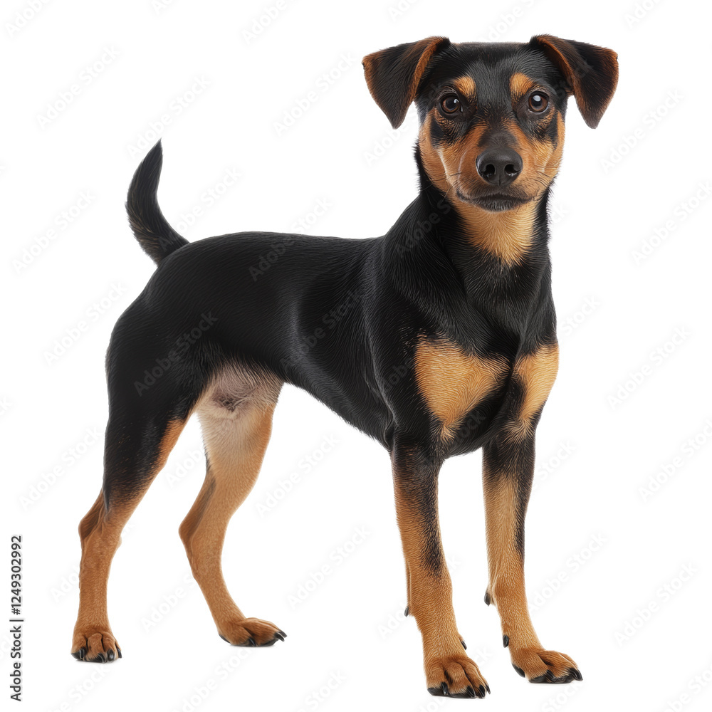Adorable Black and Tan Small Dog Breed Standing on White Background Adorable Black and Tan Small Dog Breed Standing on White Background