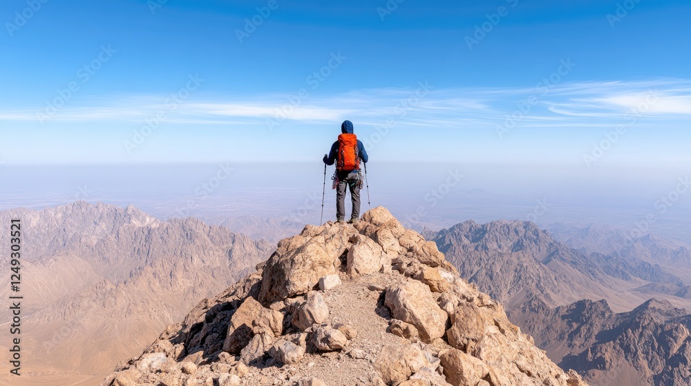 Hiker on Mountain Summit Overlooking Vast Landscape and Clear Blue Sky, Adventure Awaits Hiker on Mountain Summit Overlooking Vast Landscape and Clear Blue Sky, Adventure Awaits