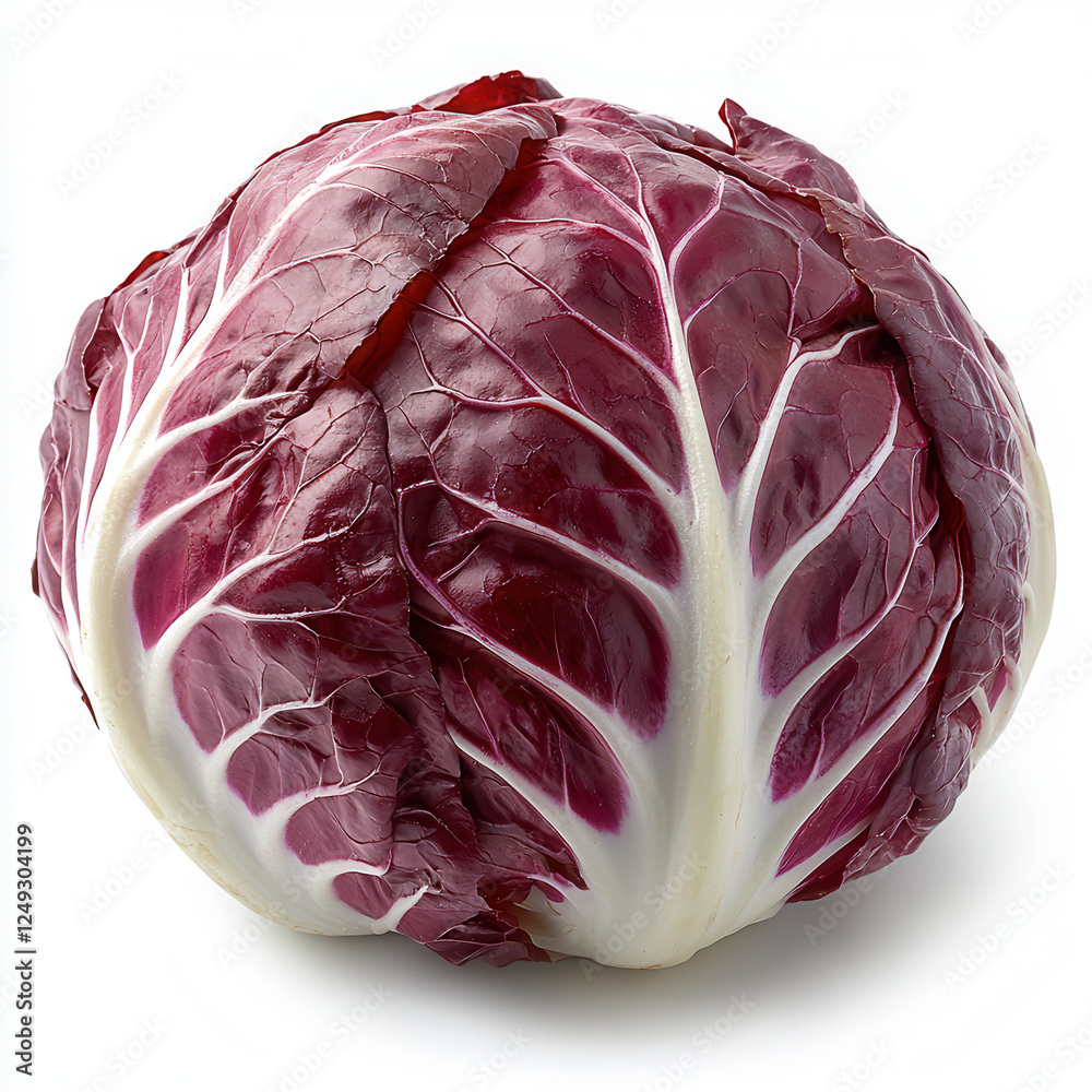 Obraz premium Red Radicchio: A vibrant red radicchio with crisp, tightly packed leaves boasts a beautiful contrast of deep burgundy and white, highlighting its striking visual appeal and culinary versatility.
