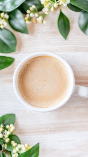 Coffee Cup on Wooden Table with Flowers photo