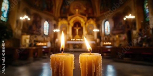 Candles set in front of the altar in a church, signifying prayer and devotion.