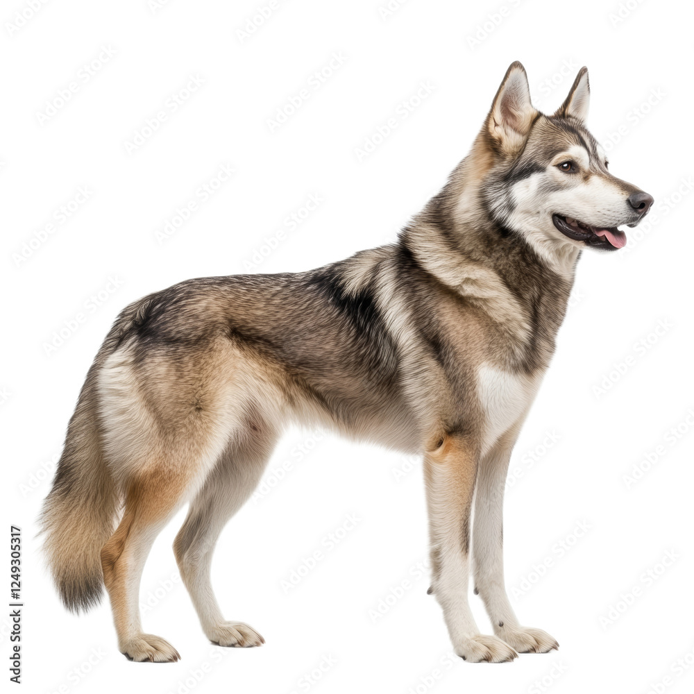 Majestic Wolfdog Standing Profile Against White Background Majestic Wolfdog Standing Profile Against White Background