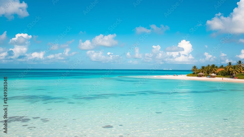 A beautiful sandy beach with crystal clear turquoise water and a flock of pink flamingos walking along the shore, destination, blue sky, Aruba A beautiful sandy beach with crystal clear turquoise water and a flock of pink flamingos walking along the shore, destination, blue sky, Aruba