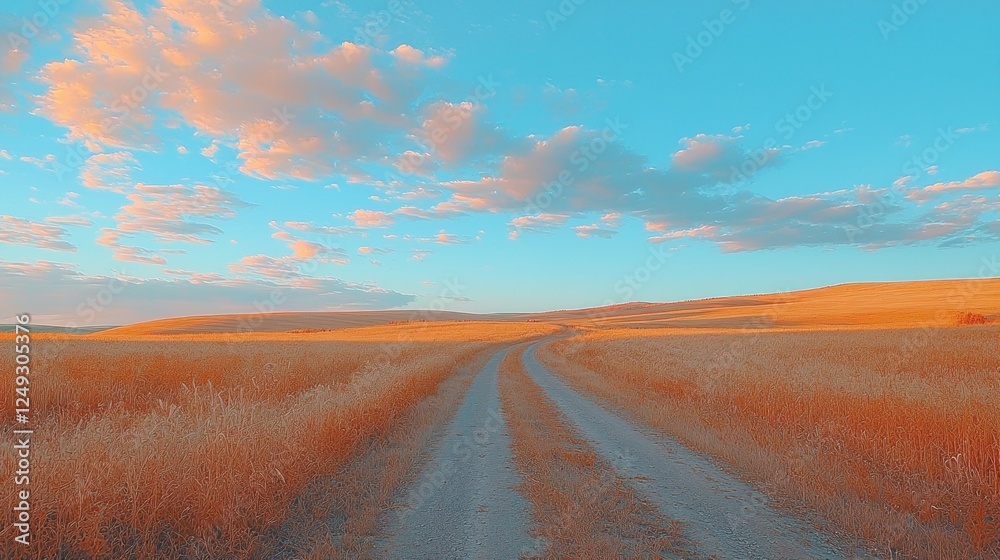 Naklejka premium Golden hour country road through golden field