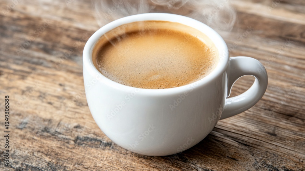 Hot Espresso in White Cup on Wooden Table Hot Espresso in White Cup on Wooden Table