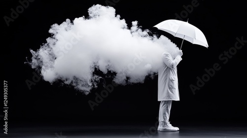 Surreal Monochrome Image of Person with Umbrella and White Cloud in Black Background