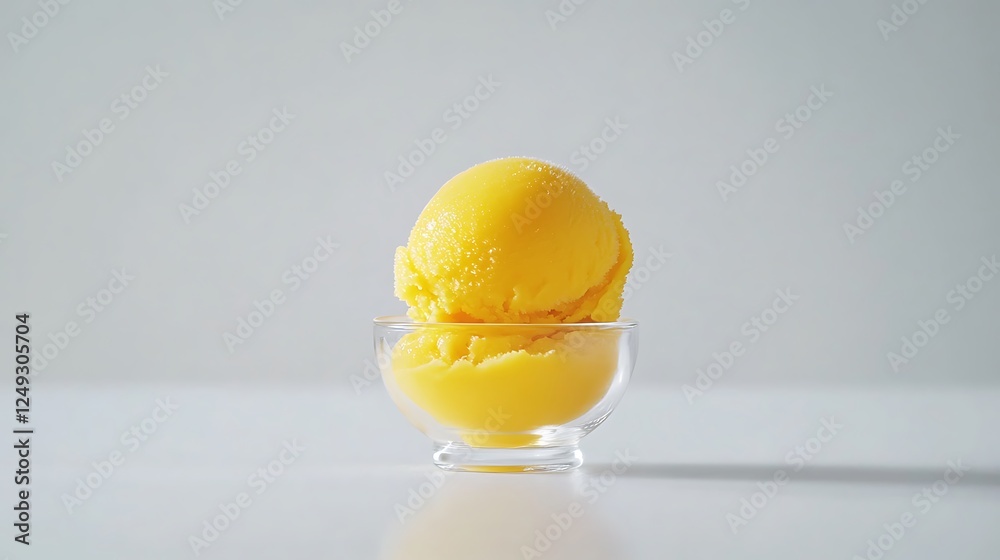 A single scoop of vibrant mango sorbet in a small glass bowl, resting on a clean white surface A single scoop of vibrant mango sorbet in a small glass bowl, resting on a clean white surface