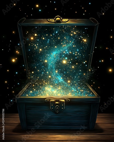 Information knowledge retrieval. A magical treasure chest emits a cosmic glow, revealing a swirling galaxy filled with stars and vibrant colors against a dark backdrop.