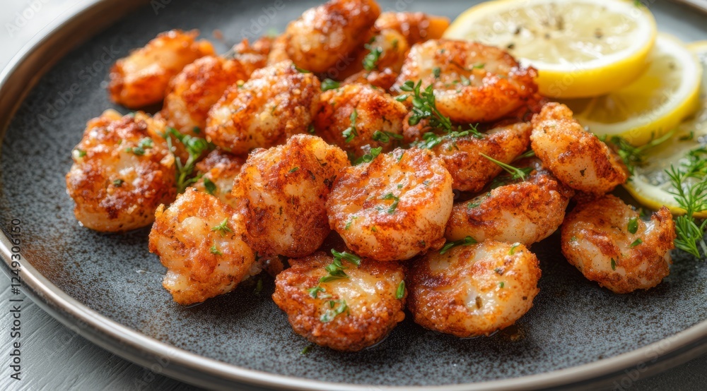 Delicious fried shrimp on a plate with lemon slices Delicious fried shrimp on a plate with lemon slices
