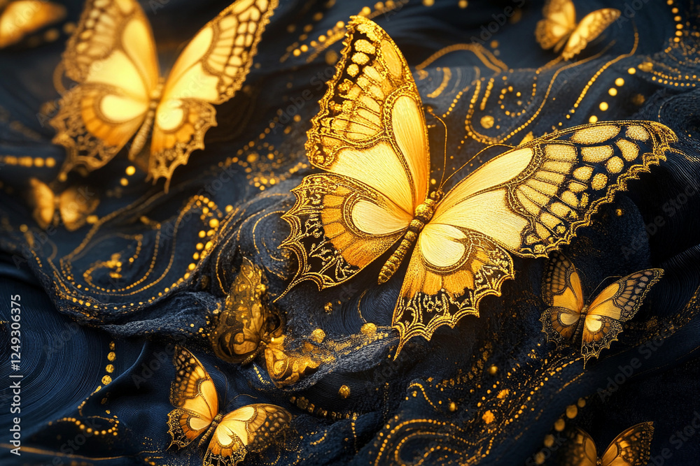 Fototapeta premium Golden butterflies gracefully flutter across a dark, intricate backdrop creating an enchanting visual experience