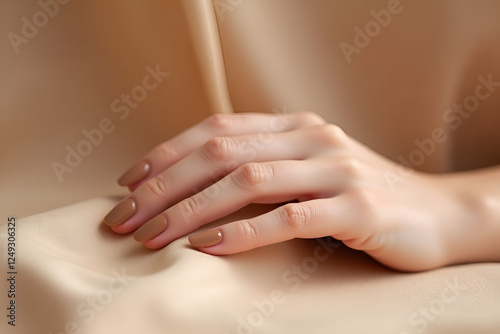 Wallpaper Mural A close-up of a woman's hand resting gently on a silky fabric, showcasing perfectly shaped nails painted in Mocha Mousse, a soft brown-nude shade. The background is softly blurred with warm beige tone Torontodigital.ca