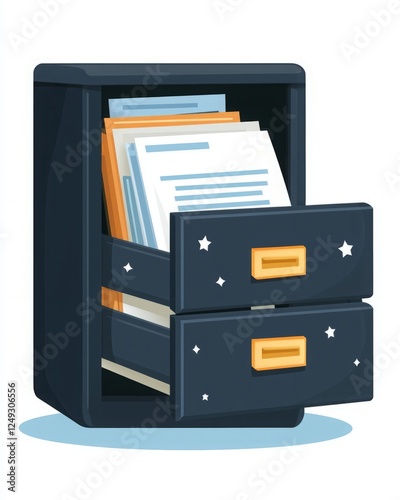 Information knowledge retrieval. A cartoonish filing cabinet with two open drawers, displaying neatly arranged documents and papers.