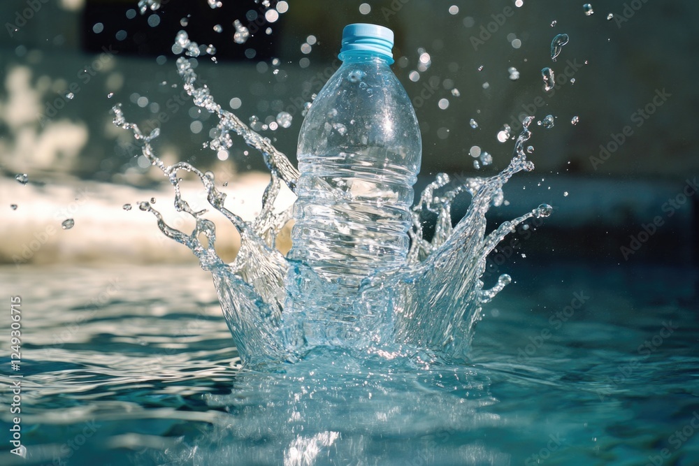 A plastic water bottle shattering in a swimming pool, with droplets flying everywhere. A plastic water bottle shattering in a swimming pool, with droplets flying everywhere.