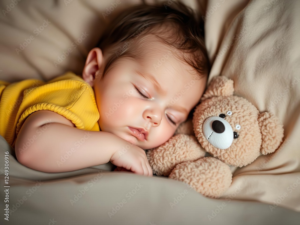 Peaceful sleeping baby lying in bed with a soft teddy bear in hand, rest, relaxation, adorable Peaceful sleeping baby lying in bed with a soft teddy bear in hand, rest, relaxation, adorable