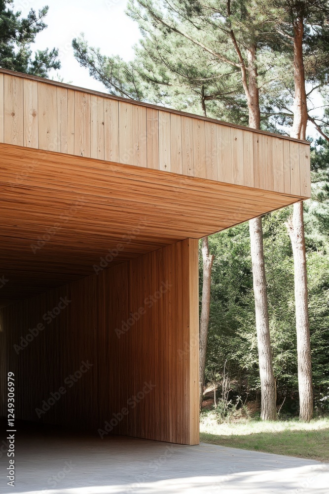 Modern wooden structure contrasts with lush greenery in serene forest setting during daylight hours, showcasing sustainable architecture and natural materials