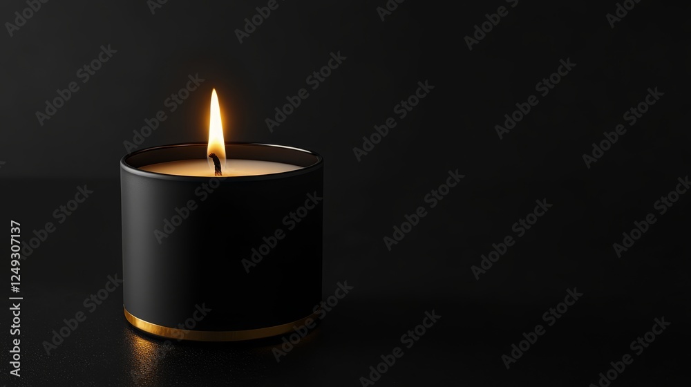 Elegant black candle burning in darkness against minimalist background Elegant black candle burning in darkness against minimalist background
