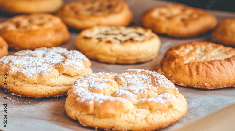 Baked Round Cookies Sprinkled with Powdered Sugar on Parchment Paper Lying on Baking Sheet.