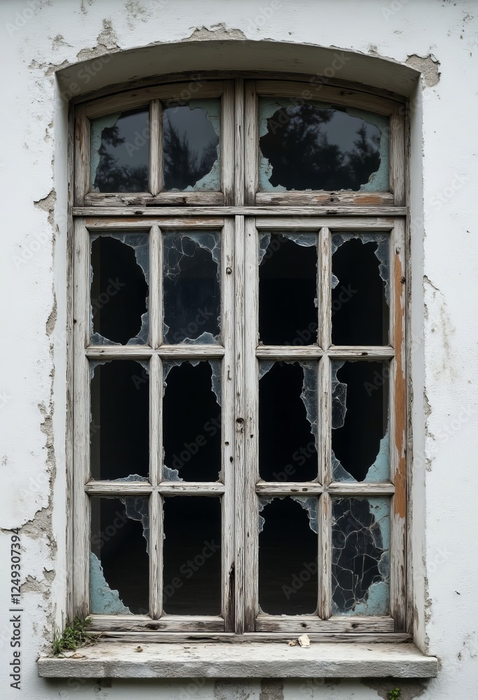Obraz premium Weathered Window Frame with Broken Glass and Peeling Paint