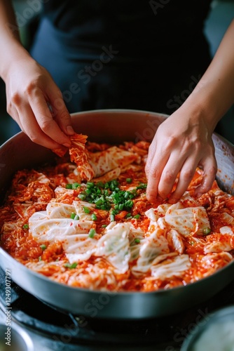 Hand stirring spicy red sauce in pan
