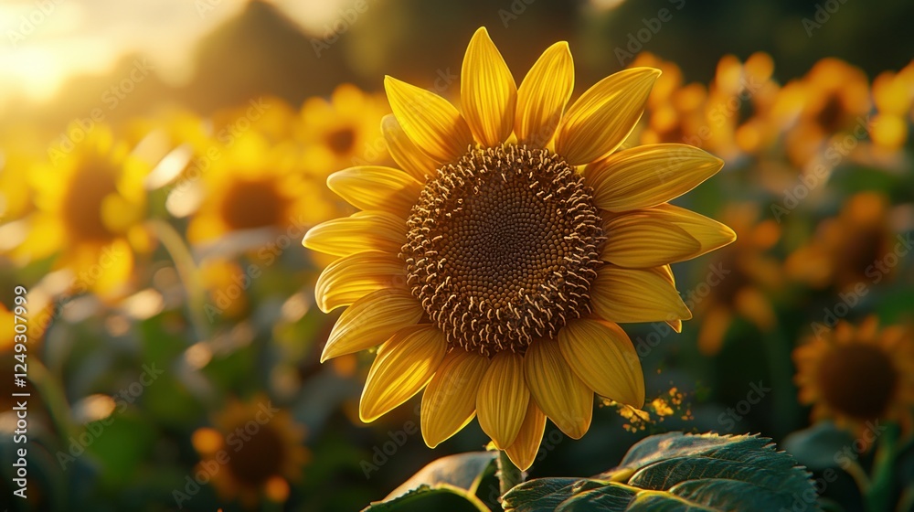 Fototapeta premium Golden sunflower in field at sunset