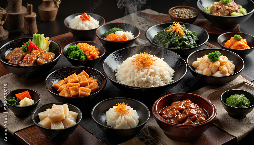 Elegant Korean banchan table setting with side dishes, culinary art Elegant Korean banchan table setting with side dishes, culinary art