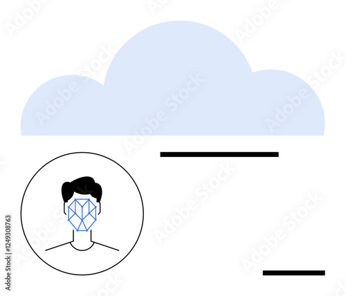 Face in circle with grid, blue cloud above, black lines and structure. Ideal for AI, facial recognition, cloud computing, biometrics, data security, identity verification abstract line flat metaphor