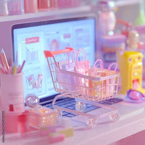 baby shoes and accessories A miniature shopping cart filled with colorful gift bags sits on a laptop keyboard, symbolizing online shopping and e-commerce with vibrant hues and a digital shopping backg