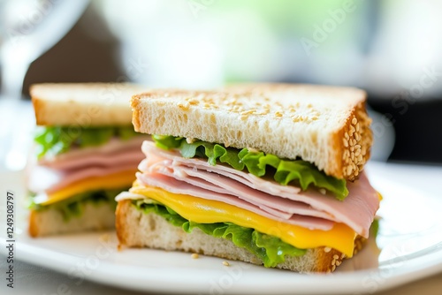 A delicious sandwich with ham and cheese cut into pieces, served with fresh lettuce. Perfect for savory breakfasts or as a tasty snack any time of the day. photo