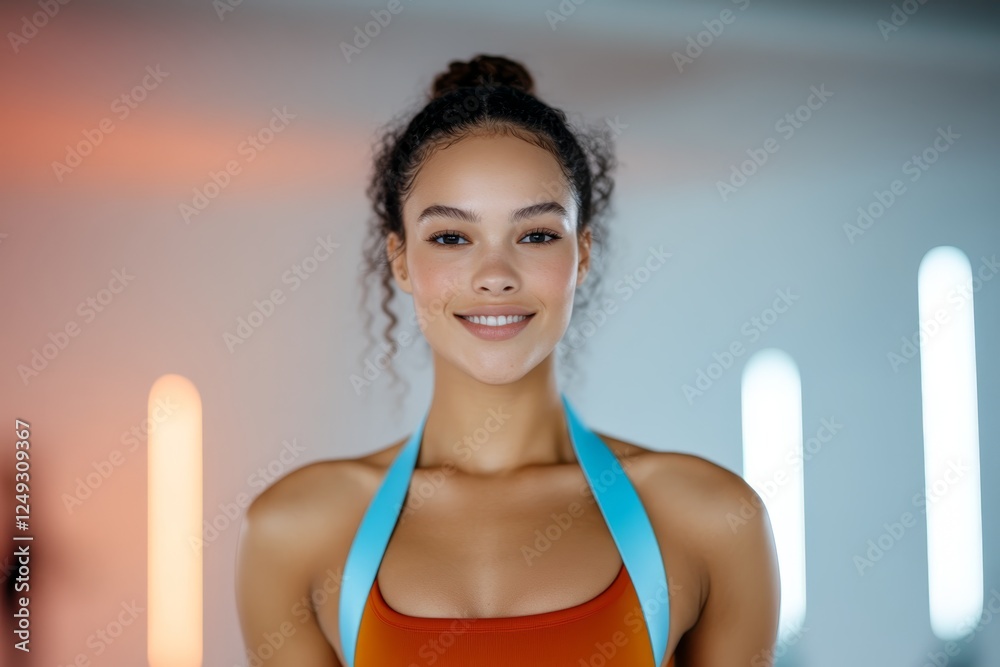 Confident young woman smiling at camera in modern fitness studio during workout session with vibrant lighting Confident young woman smiling at camera in modern fitness studio during workout session with vibrant lighting