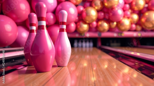 Pink pins on a lane in a bowling alley decorated for the holiday with golden balloons, birthday or holiday celebration, copy space