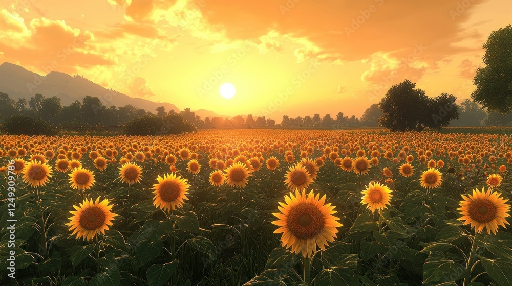 Obraz premium Golden Sunset over Sunflower Field