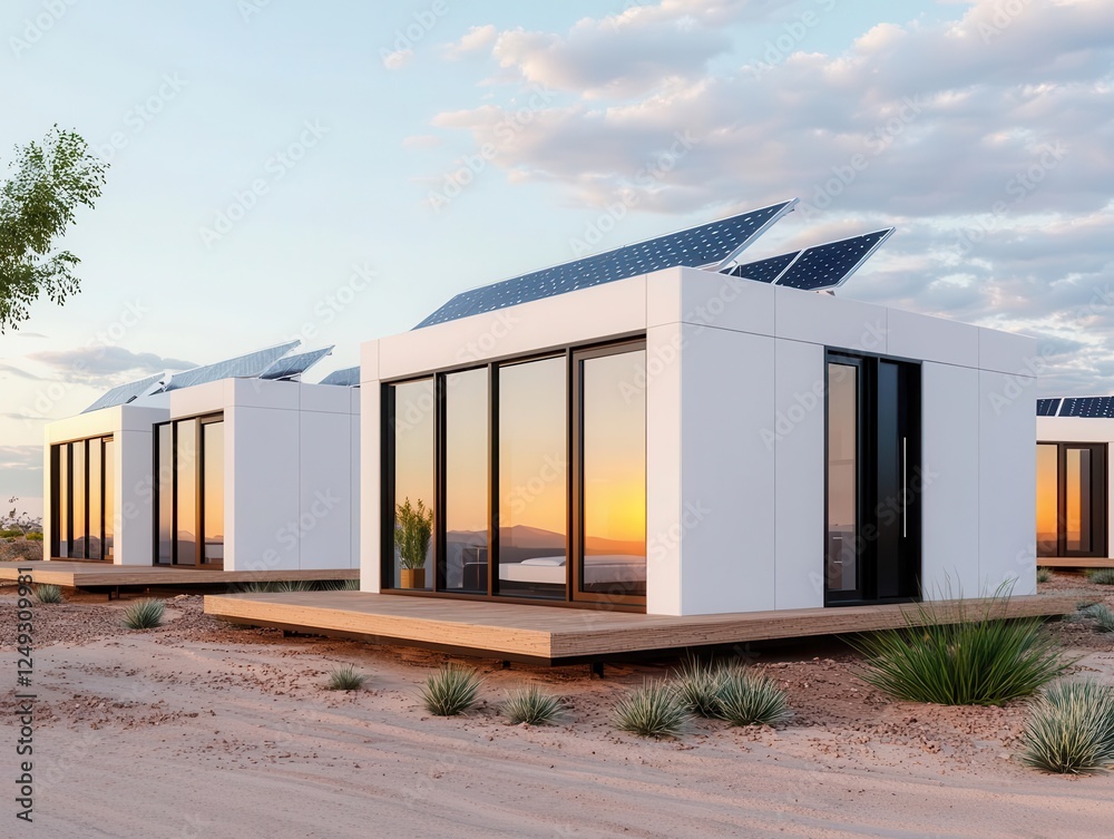 Fototapeta premium Modular offgrid solar homes with energysharing technology, futuristic sustainable living