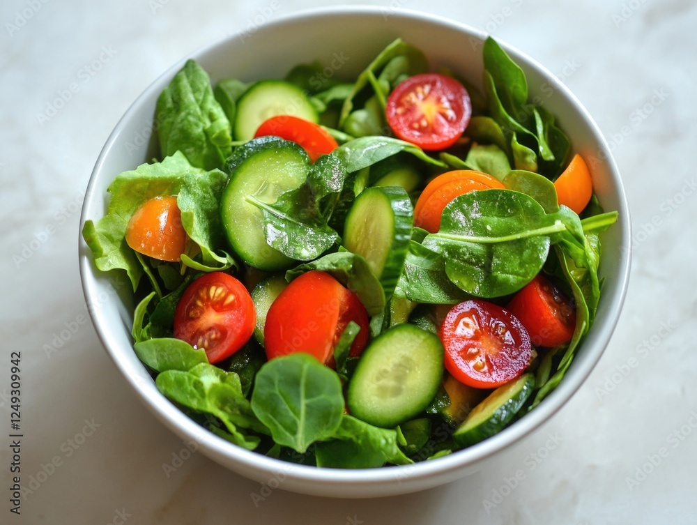 A bowl of salad with a variety of vegetables including tomatoes, cucumbers, and spinach. The salad is fresh and colorful, and it looks like a healthy meal A bowl of salad with a variety of vegetables including tomatoes, cucumbers, and spinach. The salad is fresh and colorful, and it looks like a healthy meal