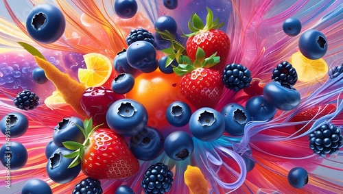 Explosion of berries and fruit juice flavors on transparent background.
