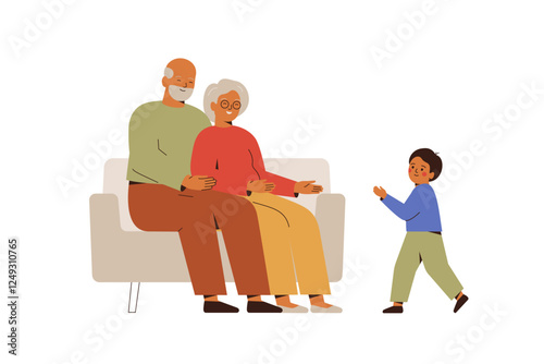 Grandparents take a time with his grandson at home. Babysitting and childcare. boy and senior couple have fun together and playing while relaxing resting on sofa. Vector illustration