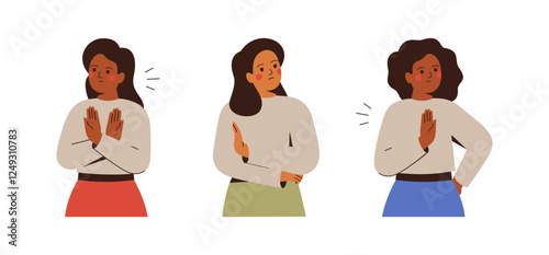 Women say no via stop hand gesture. Girl refusing with palms. Black and white Females defend their rights and freedoms by arm sign. Vector illustration 