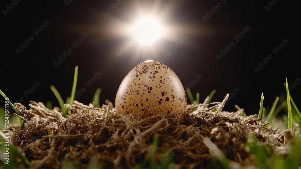 Bird Egg in Nest With Bright Sunlight Above on Dark Background Natural Scene Close Up Photo. Bird Egg in Nest With Bright Sunlight Above on Dark Background Natural Scene Close Up Photo.
