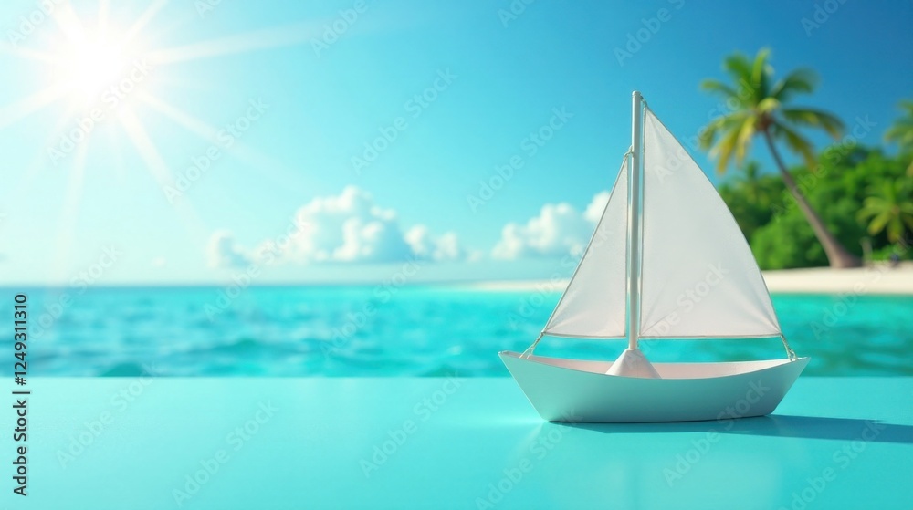 Obraz premium A miniature sailboat rests on a vibrant turquoise surface, idyllic tropical beach and ocean in the background, bright sun shining above, evoking a sense of serenity and escape.