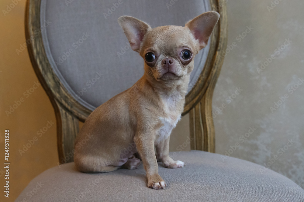 Mini Chihuahua dog on a chair, the dog is 1 year old Mini Chihuahua dog on a chair, the dog is 1 year old