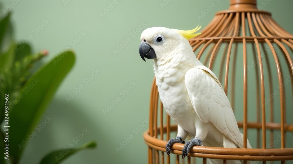 Fototapeta premium Cute white parrot sitting on a wooden cage on a soft green background, copy space