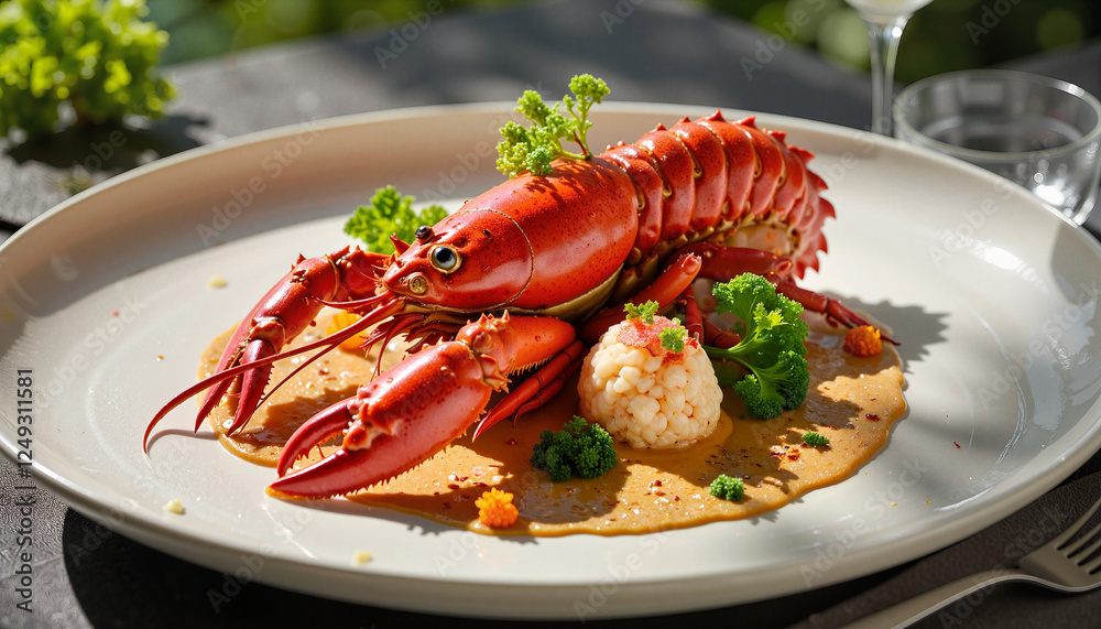 Gourmet Caribbean lobster with exotic sauce and greens, culinary elegance Gourmet Caribbean lobster with exotic sauce and greens, culinary elegance